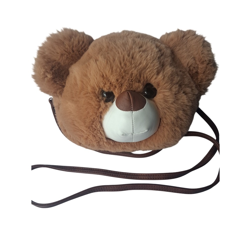 Plush Teddy Bear Head Crossbody Bag Faux Fur Novelty Purse Brown Kawaii